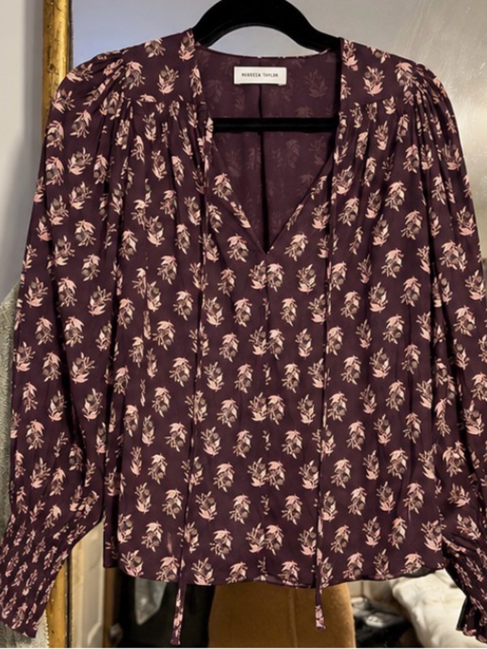 Rebecca Taylor Plum Floral V-Neck Blouse with Pink Accents